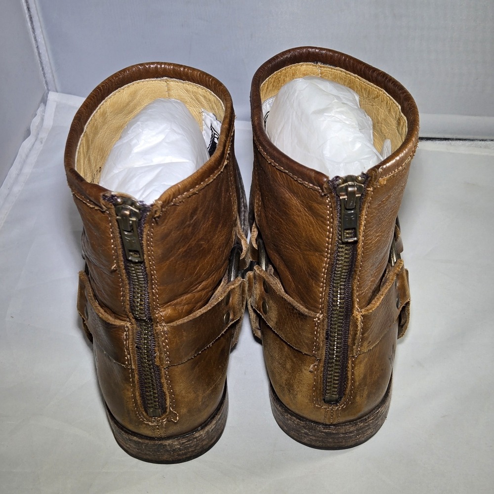 Frye Phillip Cognac Harness Leather Booties Size 9 M Womens Brown Shoes W/Box - Picture 6 of 12